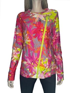 Trina Turk Recreation Fitness Jacket Athletic Floral Asymmetrical Zipper Front
